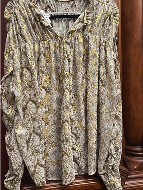 THMI Woven Metallic Snake-Print Peasant Blouse - Taupe & Gold